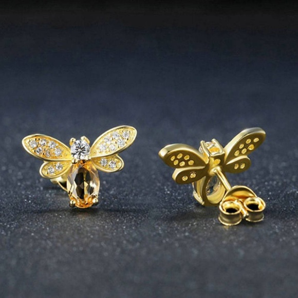 Yellow Citrine Bee Stud Earrings - Picture 6 of 6
